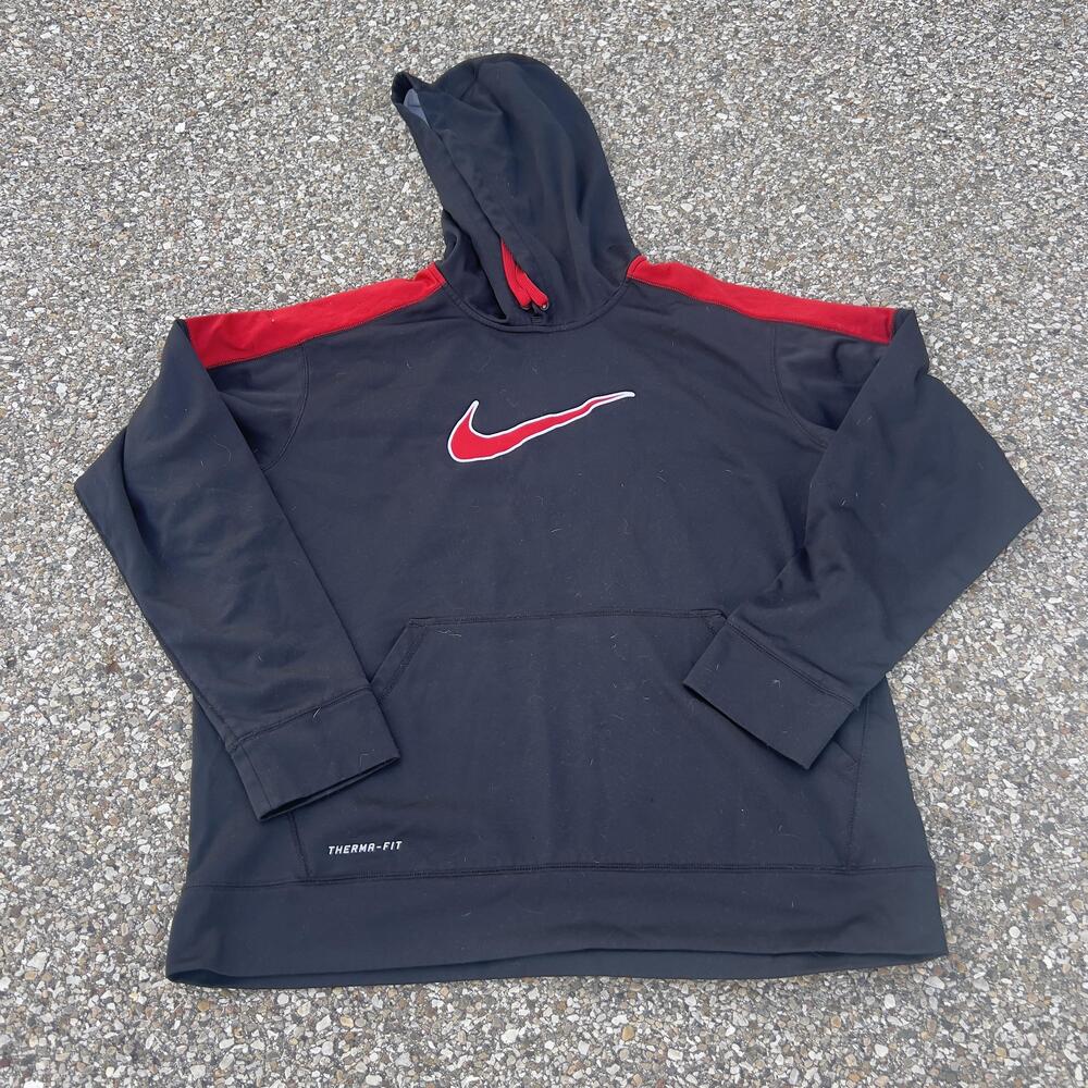 Nike Therma-FIT Hoodie Mens XL Black Red Pullover Fleece Sweatshirt Swoosh Logo